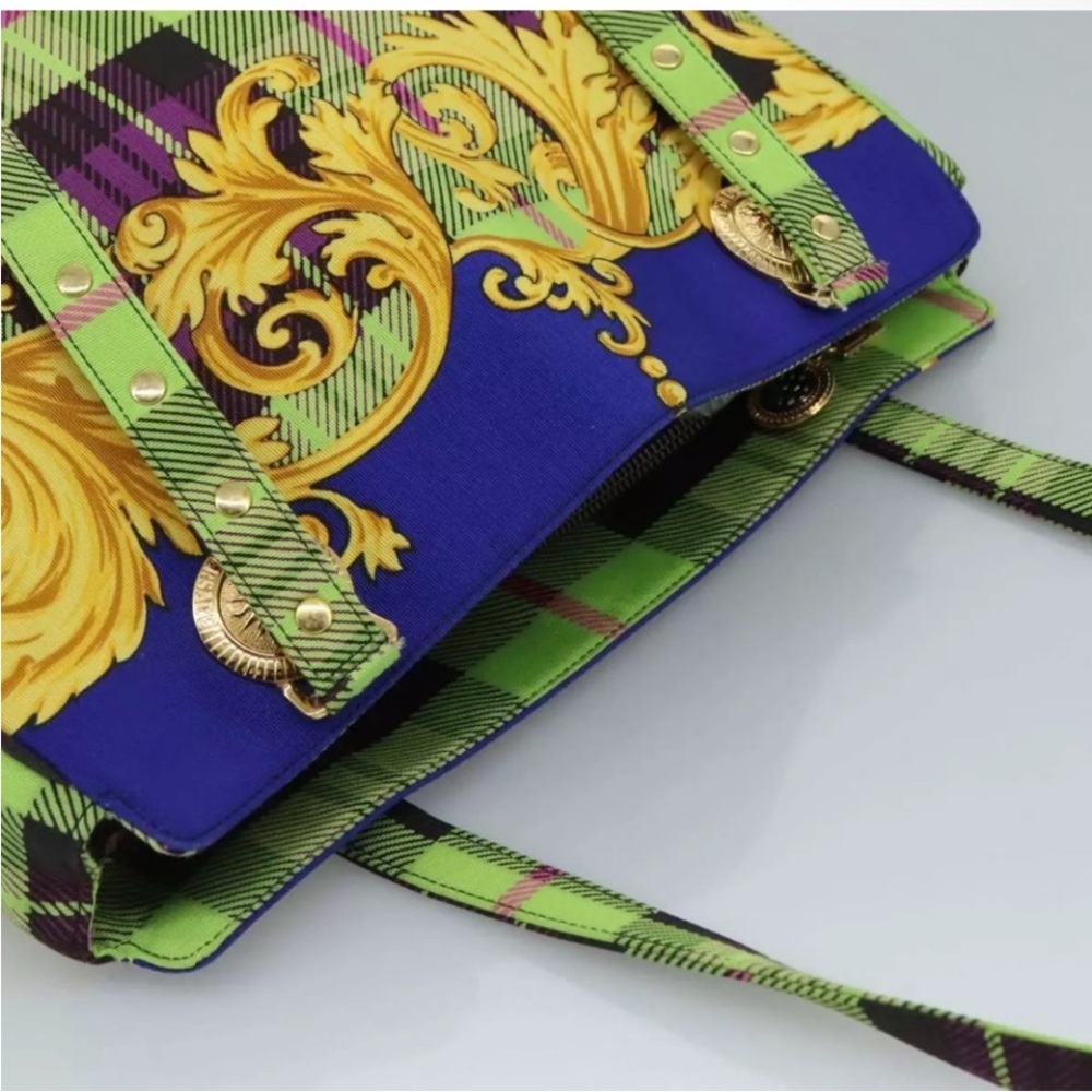 Versace Green and Blue Plaid Tote Bag - Picture 5 of 11